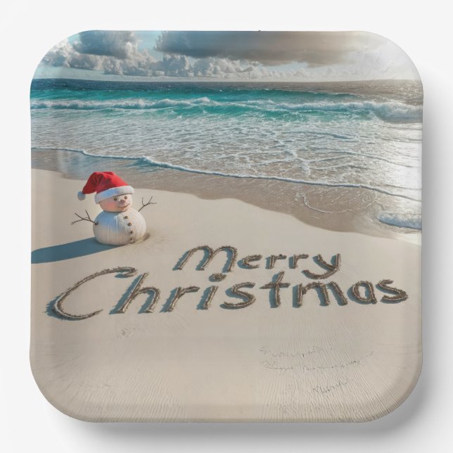 Tropical Christmas Snowman On a Beach Paper Plate (Front)