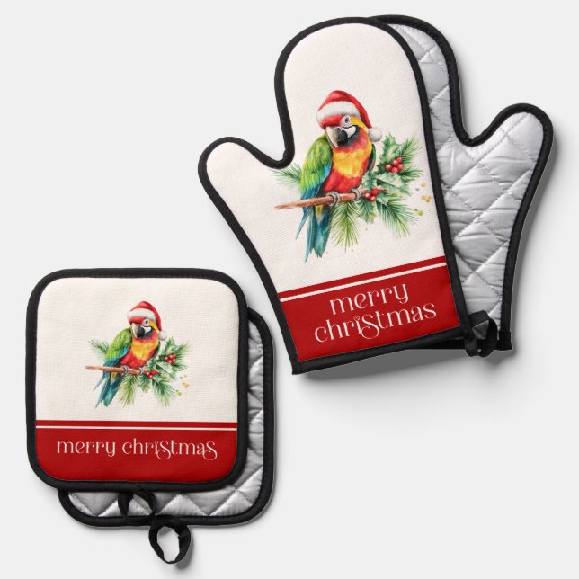 Tropical Christmas Theme Thank You Retro Text Oven Mitt & Pot Holder Set (Front/Back)