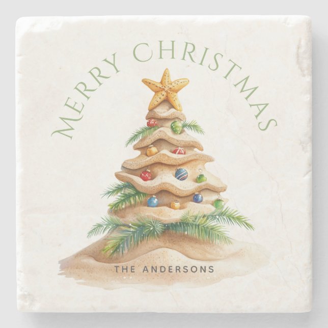 Tropical Christmas Tree Personalized  Stone Coaster (Front)