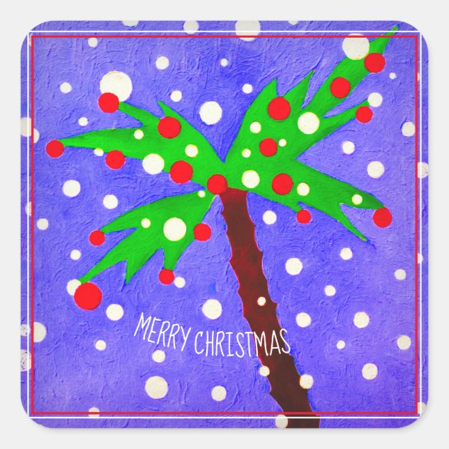 Tropical Christmas tree snow dots Merry Christmas Square Sticker (Front)