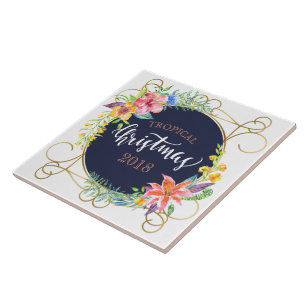 Tropical Christmas Typography & Flowers Frame Tile