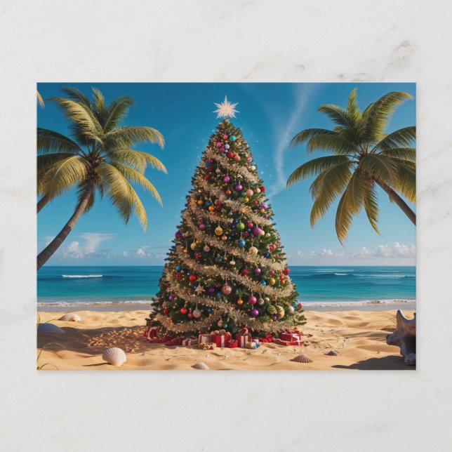 Tropical Christmas with Decorated Tree on a Beach  Holiday Postcard (Front)