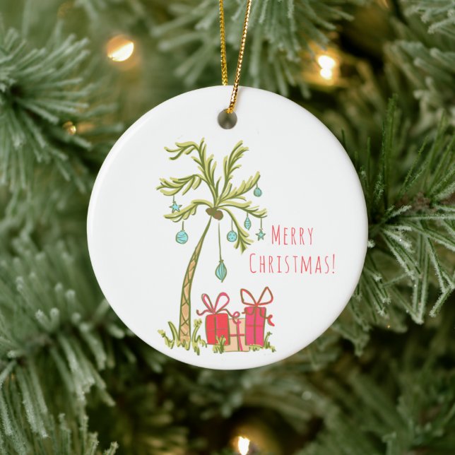 Tropical Christmas with Palm Tree Presents Coastal Ceramic Ornament (Tree)