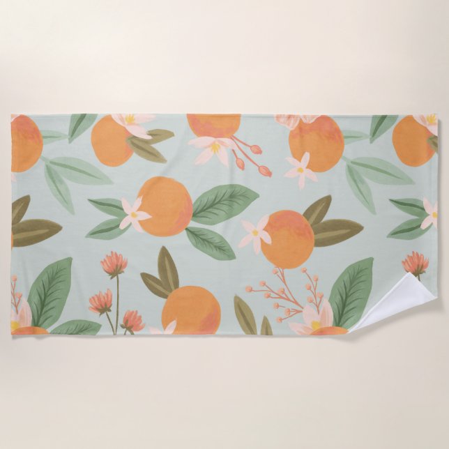Tropical Citrus Floral Mint Green Beach Towel (Front)
