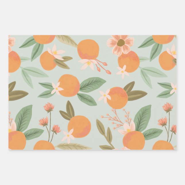 Tropical Citrus Floral Mint Green Wrapping Paper Sheet (Front)