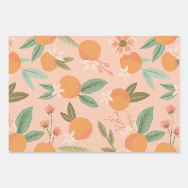 Tropical Citrus Floral Pink Wrapping Paper Sheet (Front)
