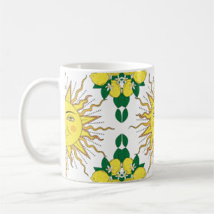 Tropical citrus lemon fruits with flowers frame an coffee mug