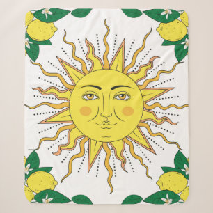 Tropical citrus lemon fruits with flowers frame an sherpa blanket