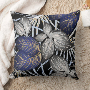 Tropical Class is a Blue, Silver, & Gold Floral  Throw Pillow