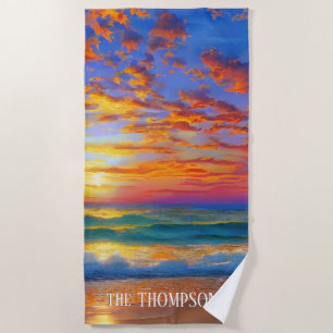 Tropical Clear Ocean Sunset with Personalized Name Beach Towel