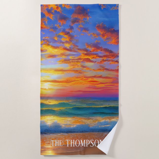 Tropical Clear Ocean Sunset with Personalized Name Beach Towel (Front)
