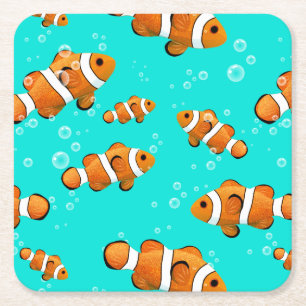 Tropical Clownfish & Bubbles Pattern Square Paper Coaster