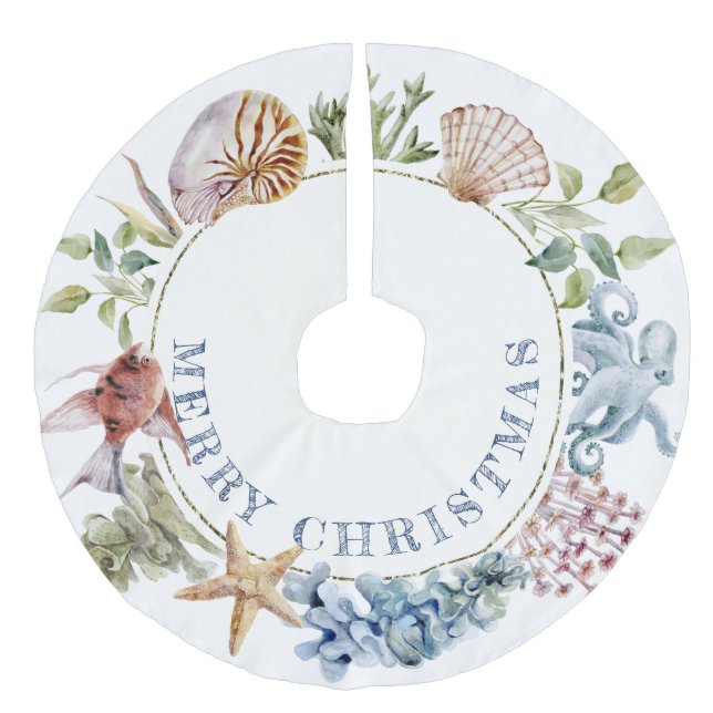 Tropical Coastal Beach Theme Merry Christmas Faux Linen Tree Skirt (Front)