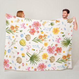Tropical Coastal Hand Drawn Flowers & Shells Fleece Blanket