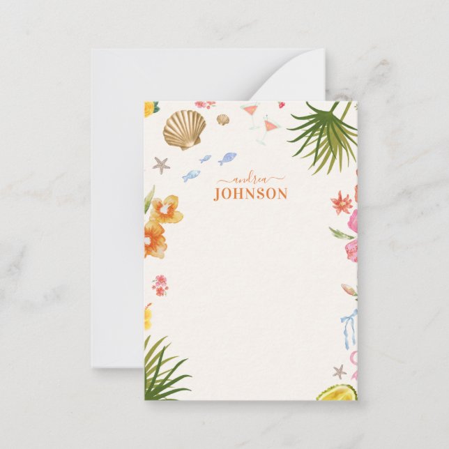 Tropical Coastal Hand Drawn Flowers & Shells Name Card (Front)