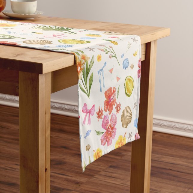 Tropical Coastal Hand Drawn Flowers & Shells Short Table Runner (In Situ)