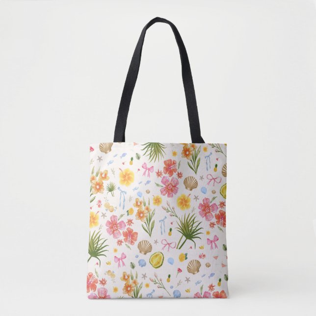 Tropical Coastal Hand Drawn Flowers & Shells Tote Bag (Front)