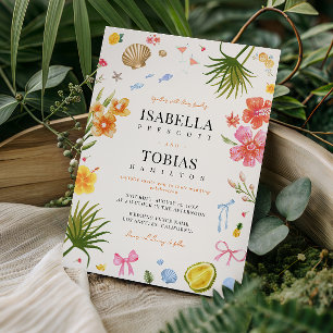 Tropical Coastal Hand Drawn Flowers Shells Wedding Invitation