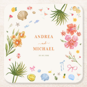 Tropical Coastal Hand Drawn Flowers Shells Wedding Square Paper Coaster