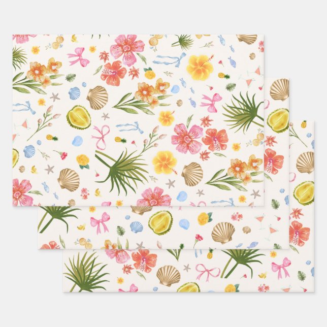 Tropical Coastal Hand Drawn Flowers & Shells Wrapping Paper Sheet (Set)