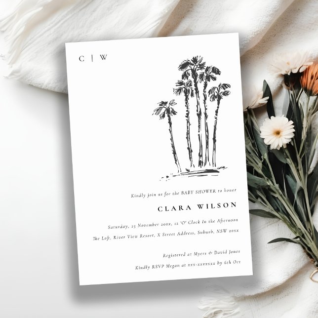 Tropical Coastal Palm Tree Sketch Baby Shower Invitation (Creator Uploaded)