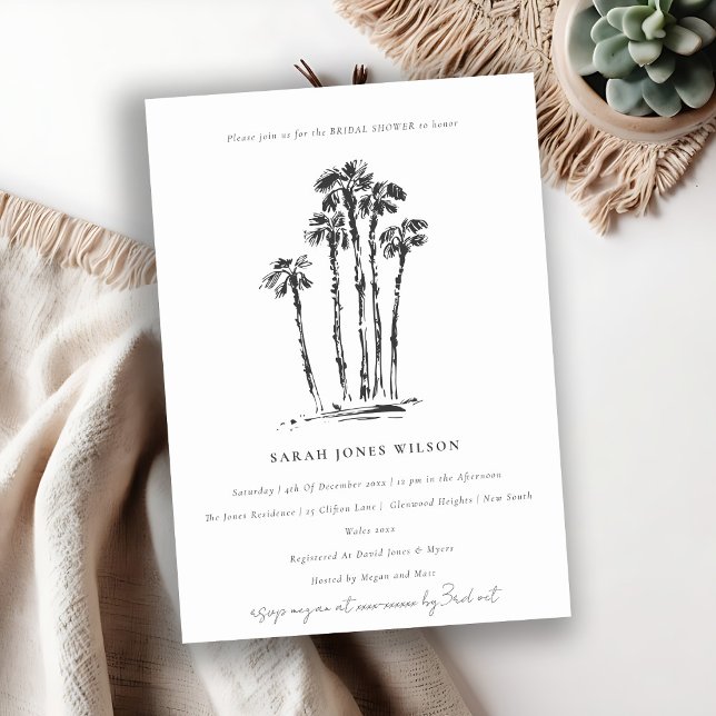Tropical Coastal Palm Tree Sketch Bridal Shower Invitation (Creator Uploaded)