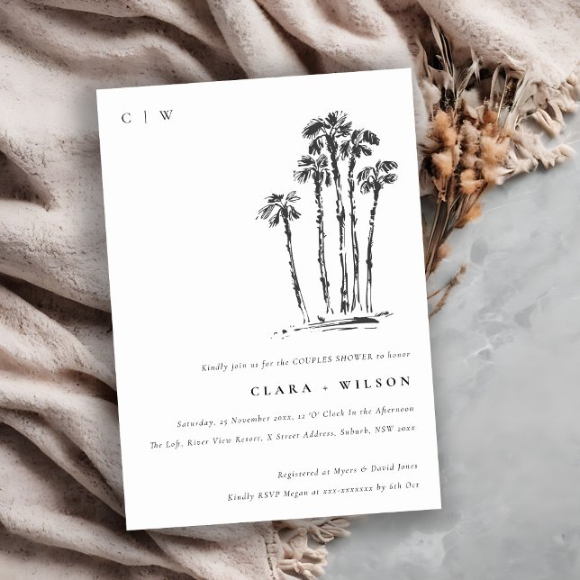 Tropical Coastal Palm Tree Sketch Couples Shower Invitation (Creator Uploaded)