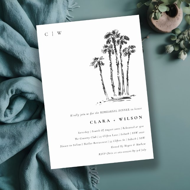 Tropical Coastal Palm Tree Sketch Rehearsal Dinner Invitation (Creator Uploaded)