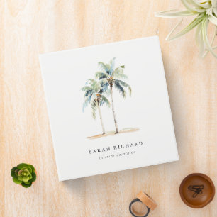 Tropical Coastal Palm Trees Watercolor Blue Green Binder