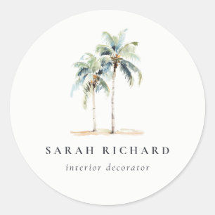 Tropical Coastal Palm Trees Watercolor Blue Green Classic Round Sticker