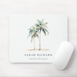 Tropical Coastal Palm Trees Watercolor Blue Green Mouse Pad