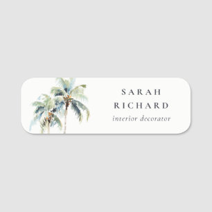 Tropical Coastal Palm Trees Watercolor Blue Green Name Tag