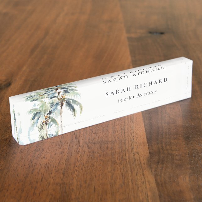 Tropical Coastal Palm Trees Watercolor Blue Green Nameplate (Side)