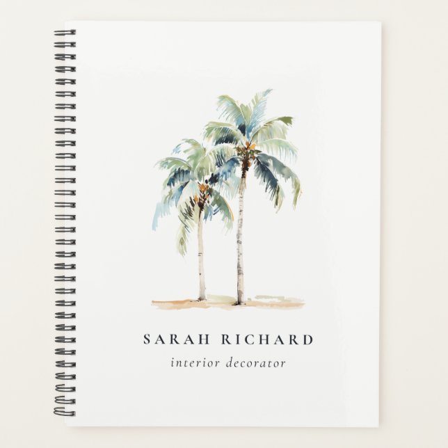 Tropical Coastal Palm Trees Watercolor Blue Green Planner (Front)