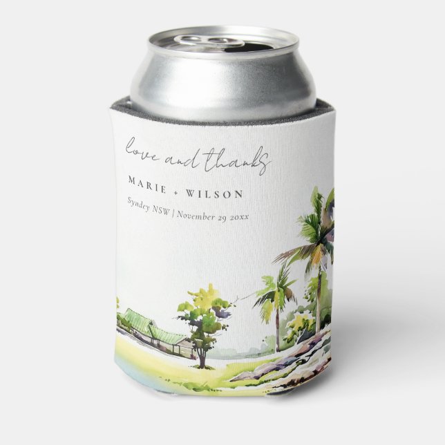 Tropical Coastal Palm Trees Watercolor Wedding  Can Cooler (Can Back)