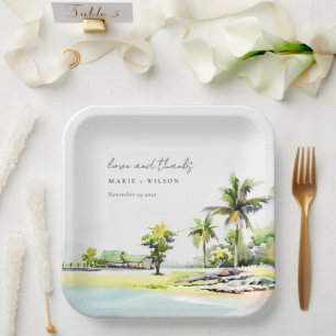 Tropical Coastal Palm Trees Watercolor Wedding Paper Plate