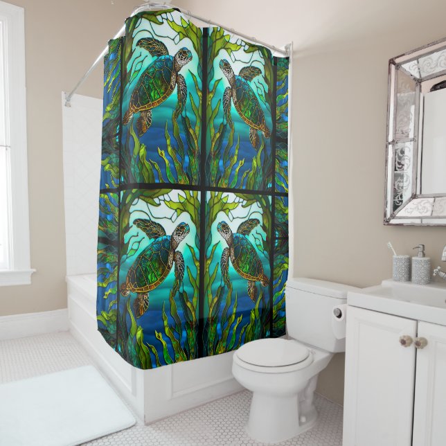 Tropical Coastal Sea Turtle Teal  Stained Glass (In Situ)