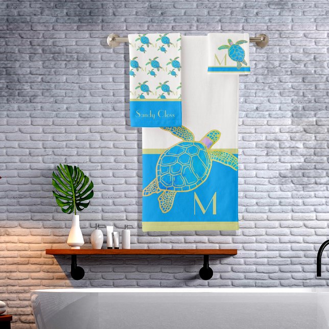 Tropical Coastal Sea Turtle Turquoise Watercolor  Bath Towel Set (Creator Uploaded)