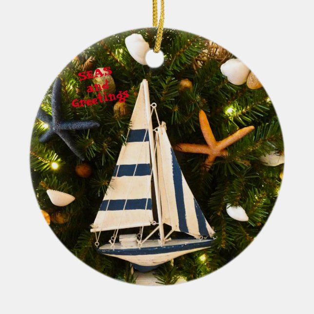 Tropical Coastal Seas and Greetings Christmas Ceramic Ornament (Front)