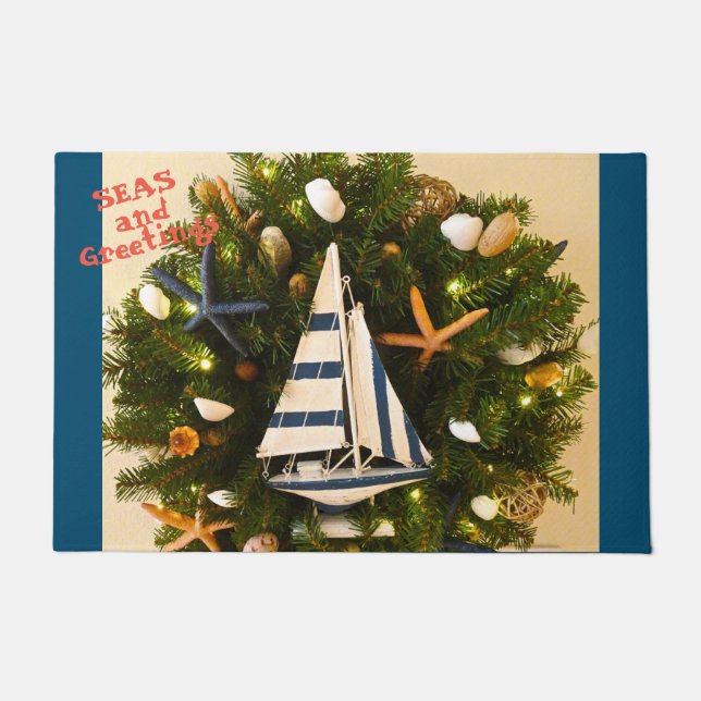 Tropical Coastal 'SEAS and Greetings' Christmas Doormat (Front)