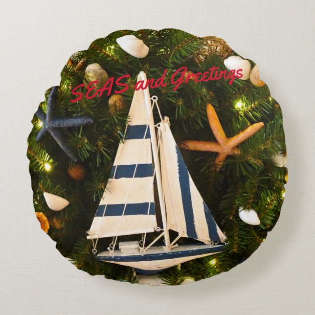 Tropical Coastal 'SEAS and Greetings' Christmas Round Pillow (Front)