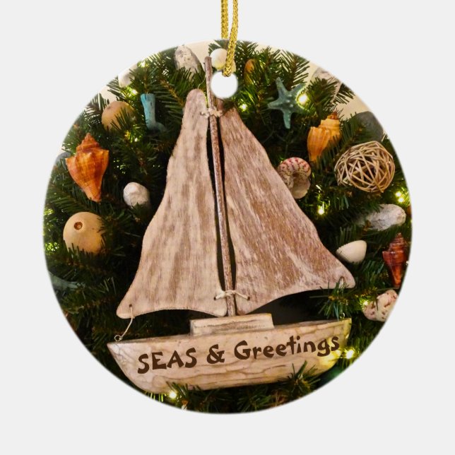 Tropical Coastal SEAS & Greetings Beach Christmas Ceramic Ornament (Front)
