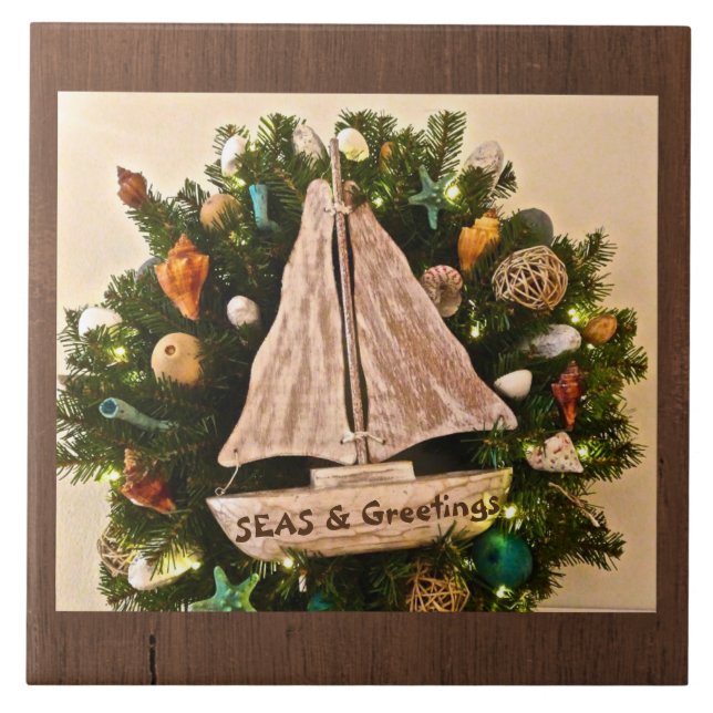 Tropical Coastal SEAS & Greetings Beach Christmas Tile (Front)