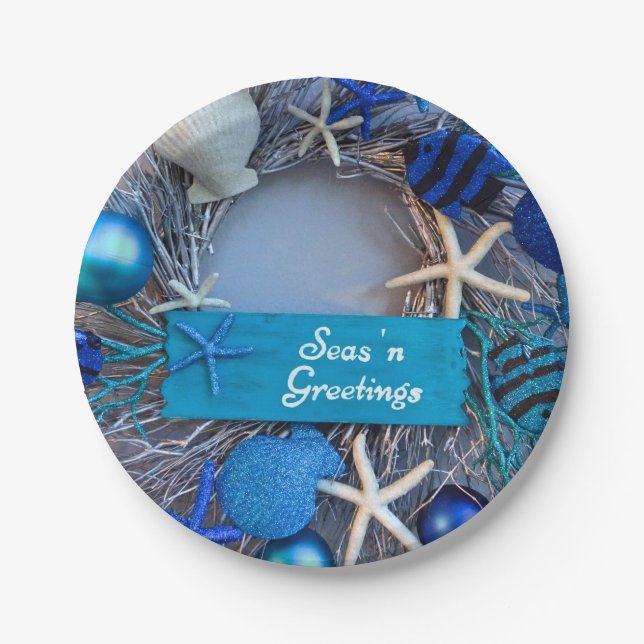 Tropical Coastal Seashell Holiday Christmas Paper Plate (Front)