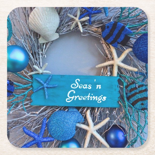 Tropical Coastal Seashell Holiday Christmas Square Paper Coaster (Front)