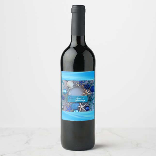 Tropical Coastal Seashell Holiday Christmas Wine Label (Front)