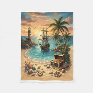 Tropical Coastal View With Pirate Ship Fleece Blan Blanket