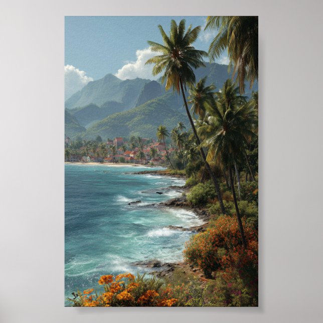 Tropical Coastal Village - Scenic Ocean Art Poster (Front)