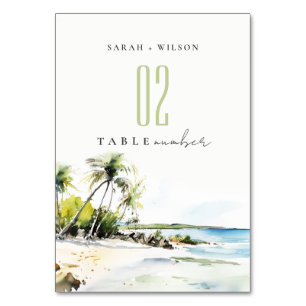 Tropical Coastal Watercolor Destination Wedding Table Number