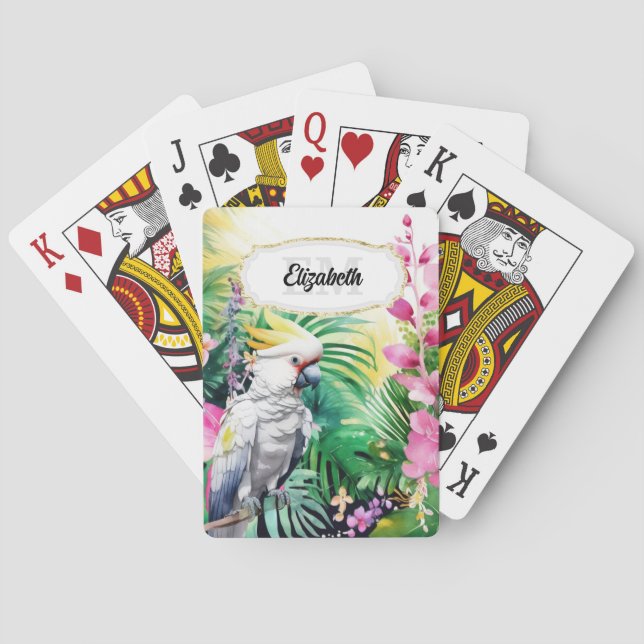 Tropical cockatoo parrot jungle watercolor flowers playing cards (Back)
